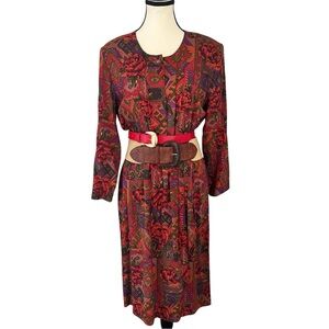 Michael Phillips Vintage Geometric Floral Midi Dress + 2 Leather Belts Set S/M